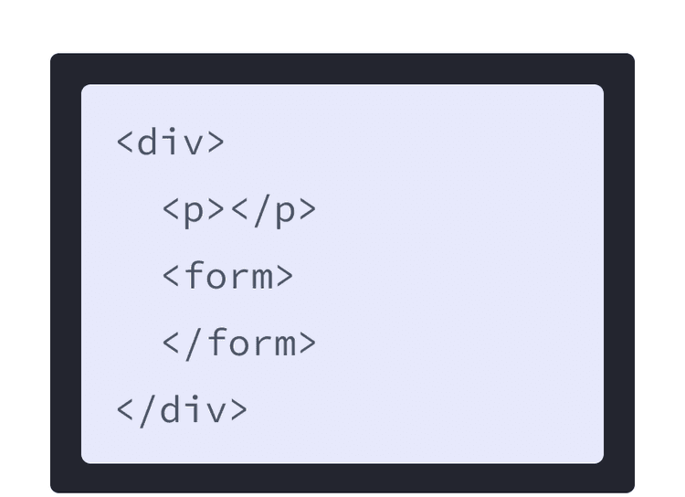 markup HTML dengan latar belakang berwarna ungu dan sebuah div dengan dua children tag: p dan form. 